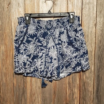 Briggs S Women's Shorts Pull On Blue White Floral Linen Blend Tassel Lace Trim - Image 1 of 4