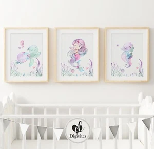 Girl Nursery & Bedroom Wall Art Mermaid, underwater, turtle, Marine Set of 3 - Picture 1 of 1
