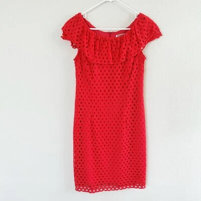 Dress Barn Eyelet Dress Size 6 Orange Coral Ruffle Collar Sheath Lined Tropical - Image 1 of 4