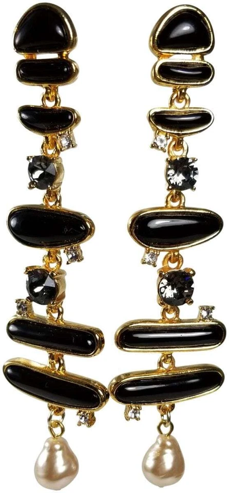 KENNETH JAY LANE, GOLD & BLACK EARRING W/SMOKEY GREY STONES & PEARL ENDS-3.5"... - Image 1 of 1