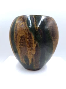Studio Pottery Vase Stoneware Tan Green Brown Drip Glaze Gloss Signed - Picture 1 of 8