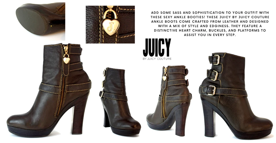 Botas Juicy Couture para mujer de cuero marrón con hebilla al tobillo cremallera plataforma tacón talla 9M Foto 1 de 4