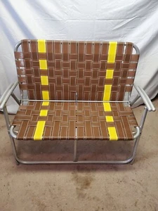 Vintage Webbed Folding MCM Aluminum Patio Bench Brown & Yellow - Picture 1 of 11