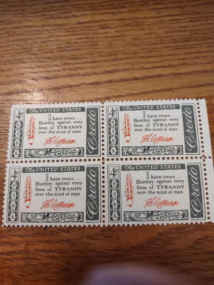 US 4 Cent Credo Thomas Jefferson Postage Stamp 1960 Block Of 4 Scott #1141 MNH - Image 1 of 1