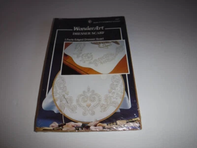 Fleur De Lis Wonder Art Stamped Cross Stitch Perle Edged Dresser Scarf #1347 - Image 1 of 3