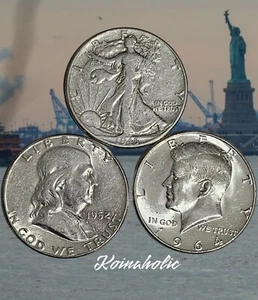 Walker, Franklin And Kennedy Half Dollars, (Lot Of 3) 90% Silver, Starter Set - Picture 1 of 13