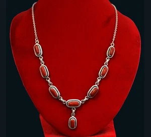 925 Sterling Silver Handmade Oval Red Coral Stone Pendant Tibetan Chain Necklace - Picture 1 of 4