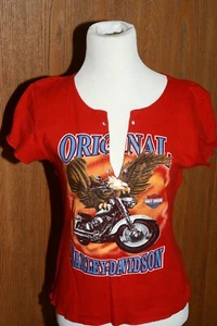 Harley Davidson Women’s Stretchy V Neck Red Graphic T Shirt Size L - Picture 1 of 3