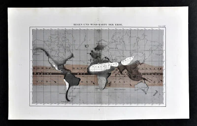 Mapa del mundo Muller 1872 carta de lluvia y viento zonas tropicales desiertos precipitación  Foto 1 de 2