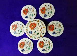 Marble Coaster Set Semi Precious Stones Inlay Art Handmade Decor - Picture 1 of 4