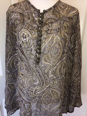 Wintersilks 100% шелк блузка XL коричневый пейсли чистый w латуни кнопки длинные рукава - Изображение 1 из 4