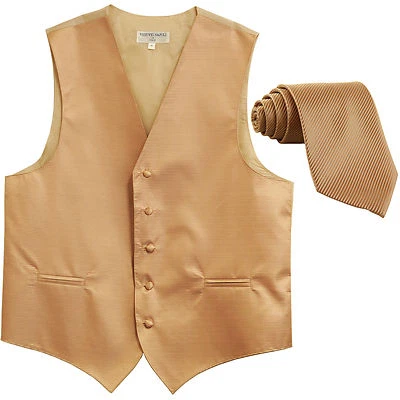 New formal men's tuxedo vest waistcoat & necktie horizontal stripes Beige prom - Image 1 of 4