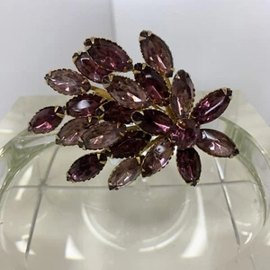 Vintage Gold Tone Purple & Lavendar Marquise Crystal Floral Brooch Pin - Picture 1 of 4