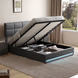 Polsterbett 160x200cm Bettgestell mit Hydraulisch Stauraum Doppelbett m. LED/USB - Bild 1 von 41