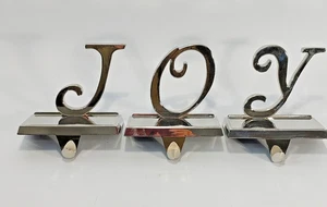 Christmas Stocking Hanger Holder JOY Set of 3 Silver Metal - Picture 1 of 6