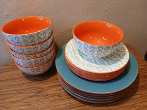 Set Of 16 Baum Tangier Turquoise And Orange Plates & Bowls - Picture 1 of 5