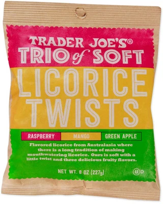 Trader Joe's 8 oz Trio of Soft LICORICE TWISTS Raspberry Mango Apple *BB 6/2026* - Image 1 of 2