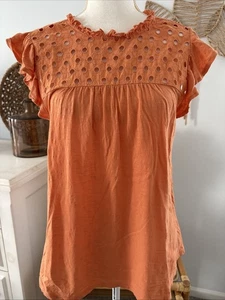 LOFT Ann Taylor Tank Top Sleeveless Shirt Orange Crochet Eyelet Cotton Medium M - Picture 1 of 9