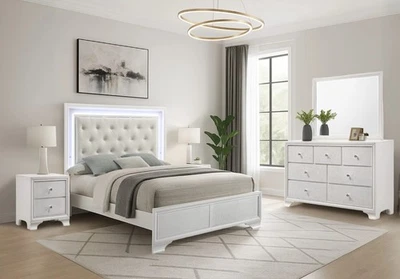 NEW White LED 4PC Queen King Twin Full Modern Bedroom Furniture Set Bed/D/M/N  - Image 1 of 4