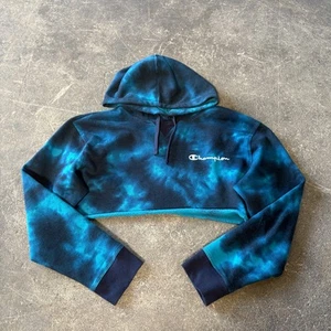 Champion Cropped Hoodie Sweatshirt Size XL Blue Tie Dye Sweater Gym Outdoor - Picture 1 of 8