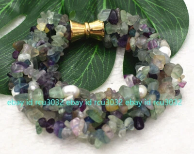 4 Rows Natural Multicolor Fluorite Gravel Chip irregular Gems Bracelet 7.5" - Image 1 of 4