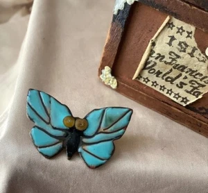 Enamel Copper Butterfly Brooch Pin Vintage Modernist Art Blue Unique - Picture 1 of 7