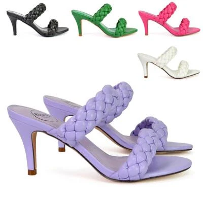 Womens Slip On Low Heel Sandals Ladies Woven Double Straps Mule Shoes Size 3-8 — 第 1/4 张图片