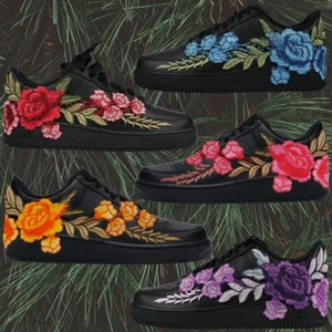 Air Force 1 Custom Black Shoes Floral Rose Red Blue Purple Orange Pink All Sizes - Picture 1 of 84