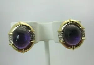New 14K Yellow Gold 6.50 Ct Cabochon Amethyst and Diamond Earrings 6.62 CT TW - Picture 1 of 10