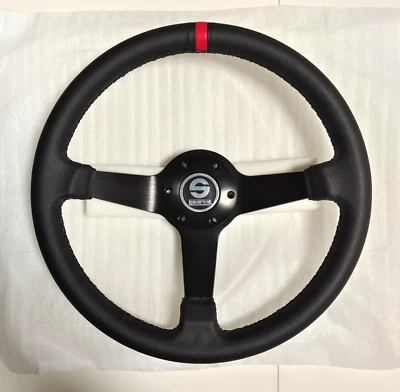 Volante de carreras de plato medio profundo de cuero de 350 mm apto para buje MOMO OMP buje SPC rojo Foto 1 de 4