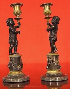 Pair antique French ormolu putto candlesticks marble bronze candelabra Napoleon - Picture 1 of 12