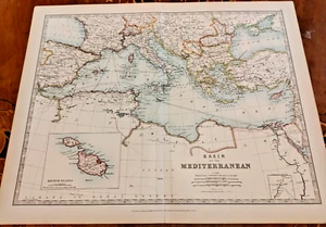 c1900 Johnston Colour Atlas Map Basin of Mediterranean Sea Malta North Africa - Picture 1 of 1