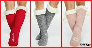 Victoria's Secret Pink Sherpa Lined Socks Cable Knit Red Pepper Chalk Rose Gray  - Picture 1 of 15