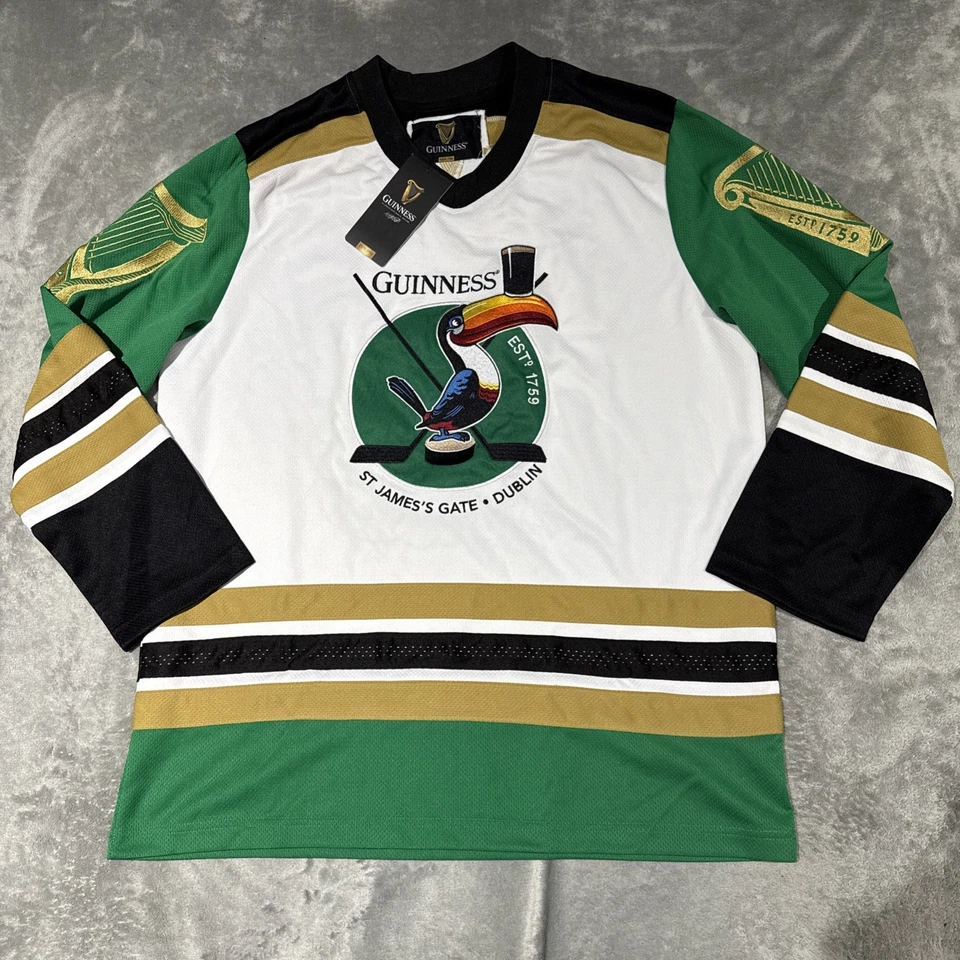 Camiseta de hockey Guinness para hombre grande blanca bordada irlandesa St Pats. Foto 1 de 4