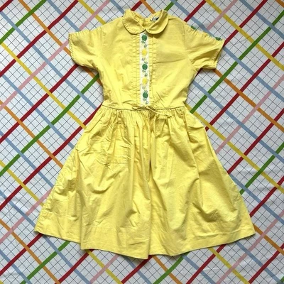 Vintage 1950s Kids Yellow Cotton Dress Peter Pan Collar Embroidered Floral Trim - Image 1 of 4