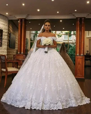Off The Shoulder Appliqued Puffy Wedding Dresses Bridal Gowns Chapel Train - Image 1 of 4