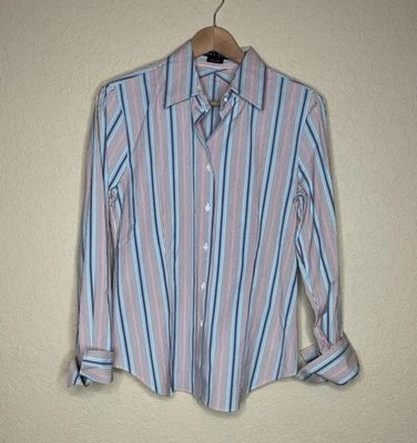 Blusa con botones Perry Ellis para mujer talla 10 algodón elástico a rayas Foto 1 de 4