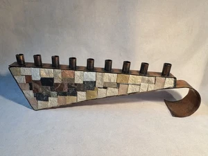 Vintage fatto a mano Chanukah Hanukkah Menorah Israele pietre e rame Judaica - Foto 1 di 12
