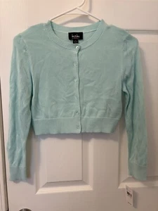By By Girl Button Up Cardigan In Aqua W/ Eyelit Pattern Sleeves Sz M 2243P11 NEW - Picture 1 of 22