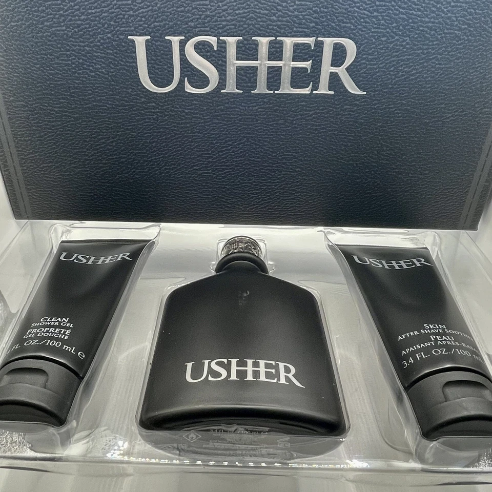 Juego de 3 piezas USHER By Usher para hombres 3,4 oz EDT Spr + 3,4 oz Sh.Gel + 3,4 oz afeitado en popa - NUEVO Foto 1 de 4