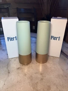 NEW Set Of 2 Pier 1 Imports 9" Contemporary Ceramic Vase Light Green With Gold - Picture 1 of 6