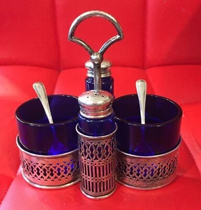 Antique Silver filigree Inlay Blue Glass Salt & Pepper Shakers & Sugar Containes - Picture 1 of 9