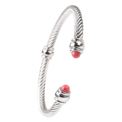 PRECIOSO Brazalete Brazalete Clásico Plata Rojo Turquesa Piedra Extremo Punta Cable Giratorio Foto 1 de 4