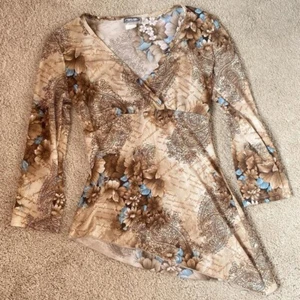 Blusa Rave Floral Y2k Vintage Marrón Real Asimétrica Pequeña - Imagen 1 de 4