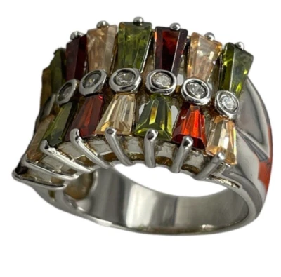 Anello Donna Argento 925 cristalli baguette multicolor 8,95G Misura 16 elegante. - Immagine 1 di 4
