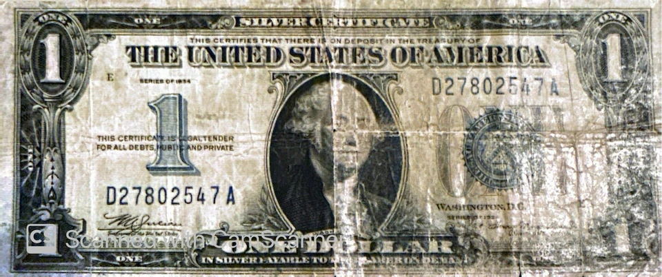 Funnyback Blue Seal Silver Certificate One Dollar Note $1 Banknote 1934 Bill - Image 1 of 4