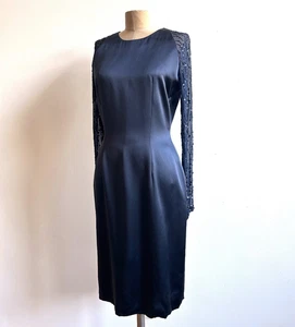 Carolina Herrera Midnight Blue Silk Sequin Sleeve Evening Cocktail Dress sz 6 8 - Picture 1 of 8