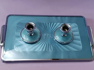 Vintage Chrome Enamel Effect Dressing Table Tray & Candle Holders (B2096) - Picture 1 of 14