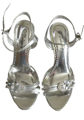 VTG Delicacy “Delicious” Shiny Silver & Rhinestone Stiletto High Heels /Size 7.5 - Image 1 of 4