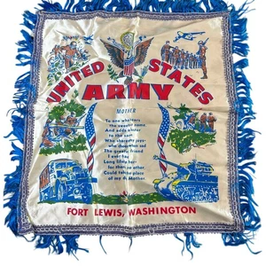Vintage United States Army Scarf Flag Banner with Blue Fringe Fort Lewis - Picture 1 of 5